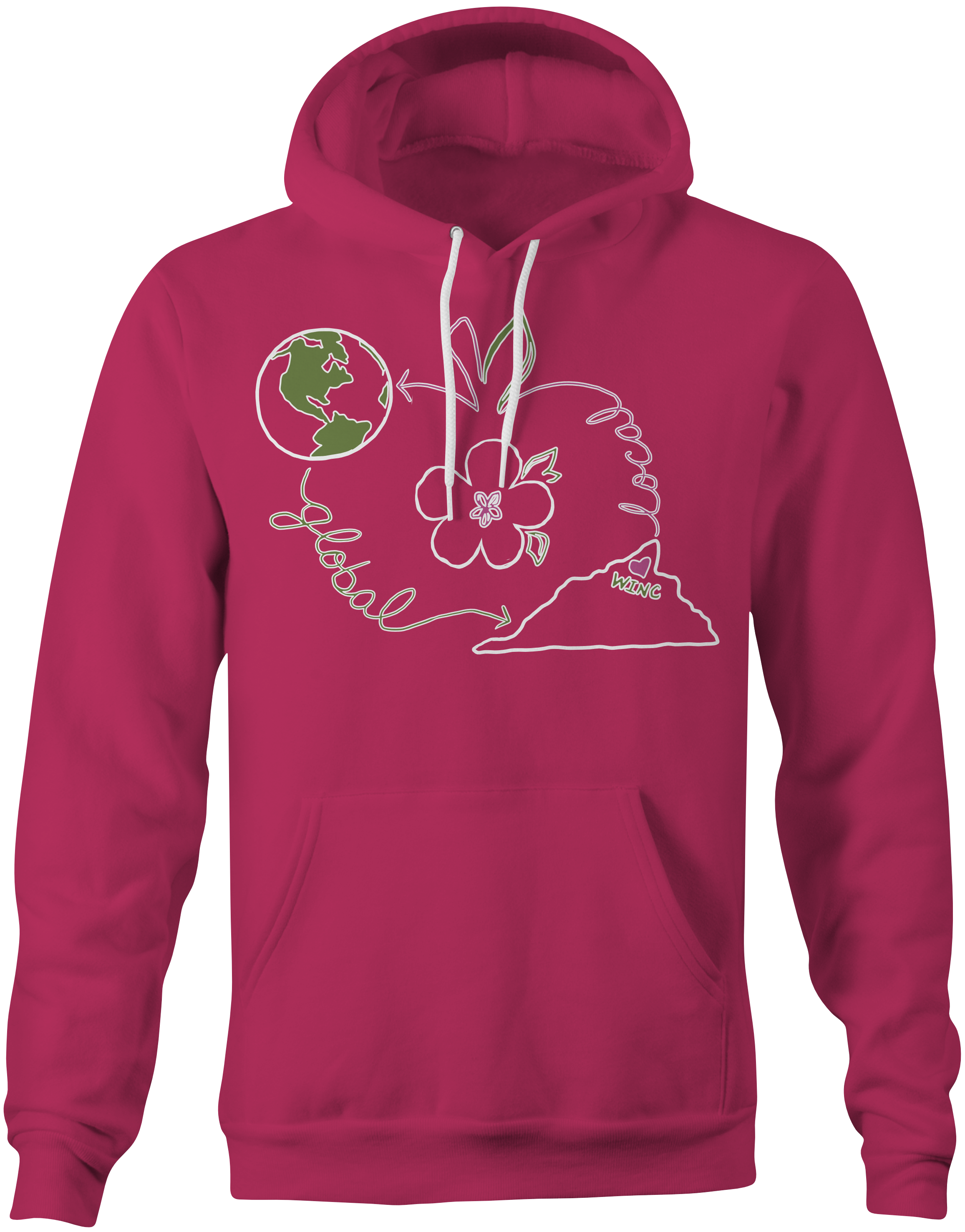 Pink hoodie with apple, flower, a globe, the state of Virginia with the words local and global