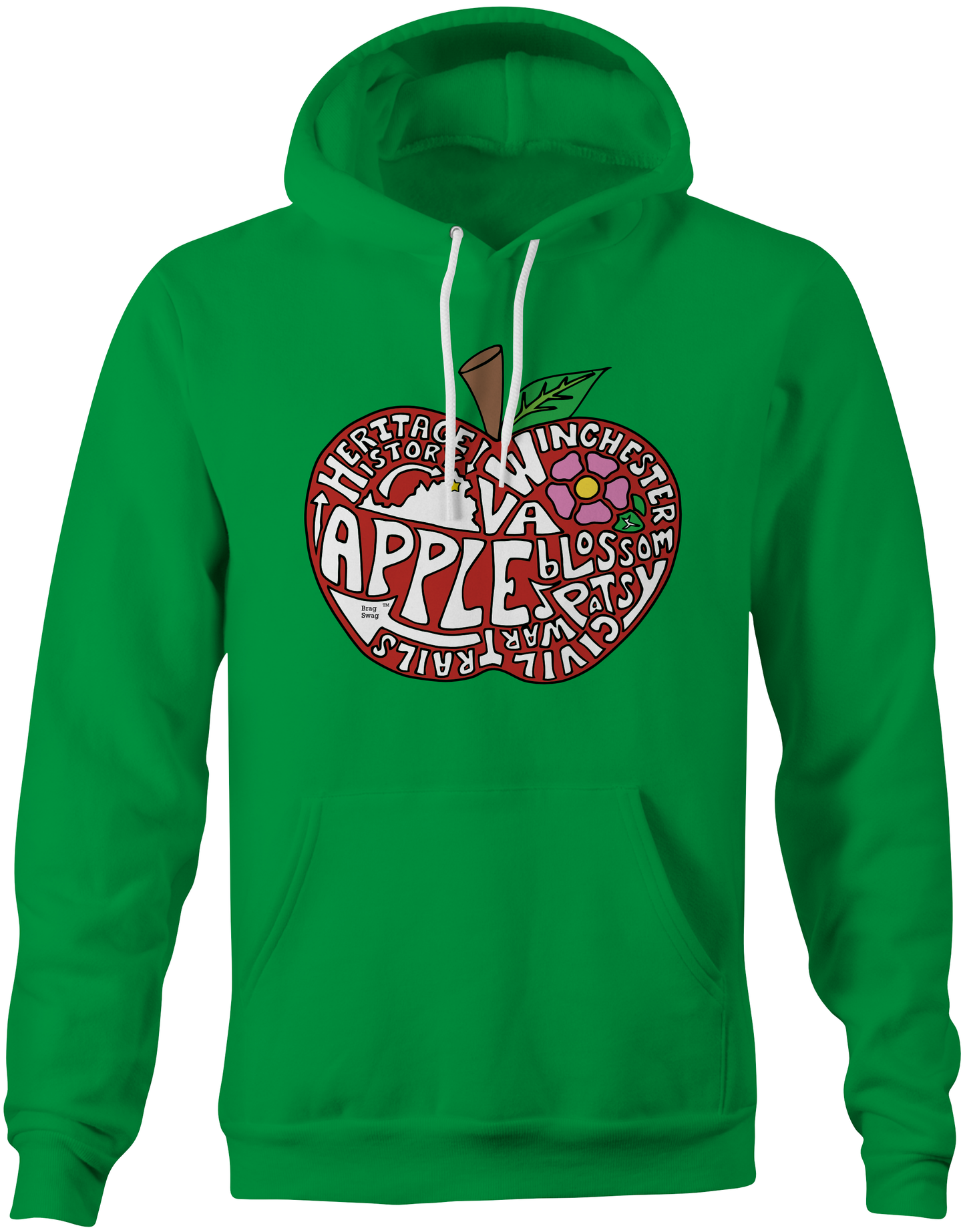 Green hoodie with a full color apple graphic containing words about Winchester Virginia