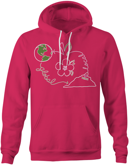 Pink hoodie with apple, flower, a globe, the state of Virginia with the words local and global