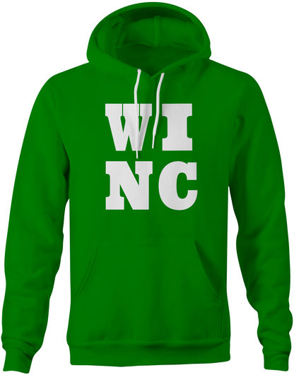 Green hoodie with big white letters spelling WINC