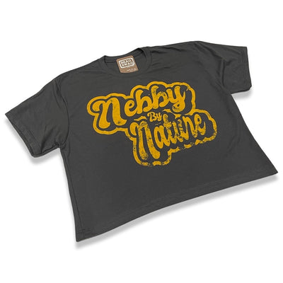 Women's dark gray crew neck cropped  t-shirt with yellow distressed graphic Nebby By Nature on the front