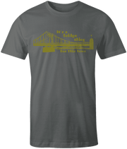 Unisex gray crew neck t-shirt with gold distressed graphic image of a bridge text it's a bridge thing above the bridge, text run this town below the bridge 