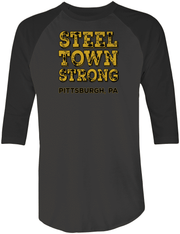 Baseball tee with gray body and black sleeves with yellow and black distressed graphic Steel Town Strong Pittsburgh PA on front