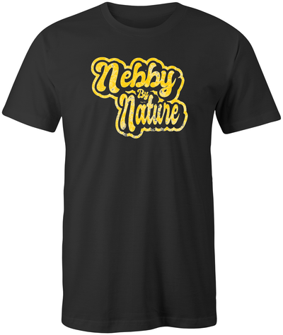 Unisex black crew neck t-shirt with yellow distressed graphic Nebby By Nature on the front