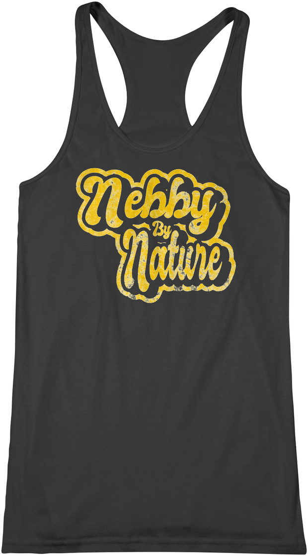 Women's black racerback tank top with yellow distressed graphic Nebby By Nature on the front